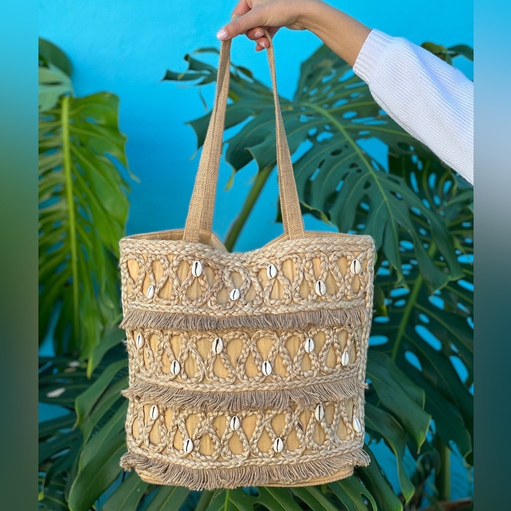 Salt + Umber Tote Bag with Intricate Shells Woven Pattern Tote BNWT